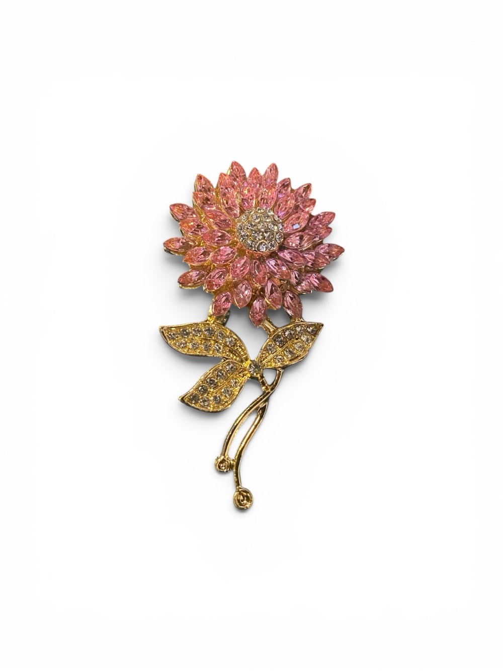 Gold-Tone Pink Crystal Flower Brooch - Designer Style